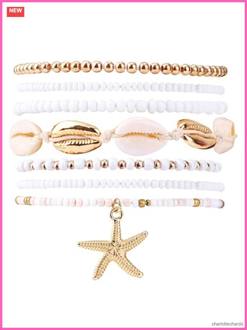 7 Pc Summer Beach Bracelets Set Seashell Starfish Beaded Stretch Stackable